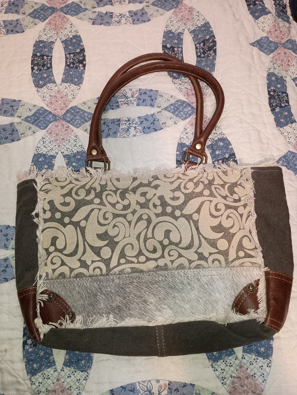 Myra Fringed Gray Canvas Tote with Brown Leather Handles